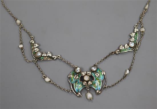 An early 20th century Art Nouveau white metal, enamel and seed pearl necklace, approx. 40cm.